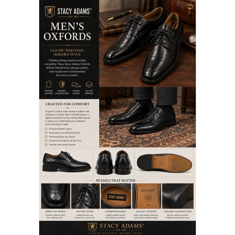 Stacy Adams Mens Black Leather Square Toe Center Seam Derby Dress Shoes